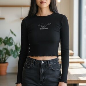 Black Fitted Long Sleeve Top Size M Graphic Cotton Basic